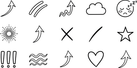 Hand drawn doodle icons set with arrows cloud star heart and symbols line art vector illustration collection © MdRissalat