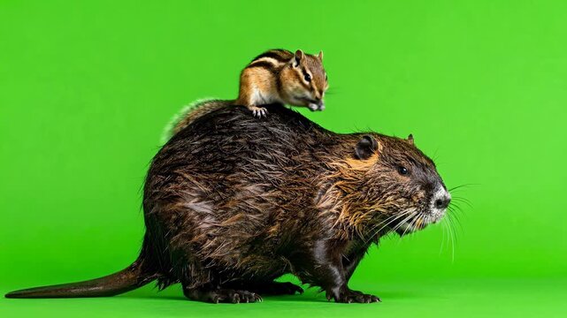 Adorable Chipmunk Rides on Nutrias Back Against Green Screen.