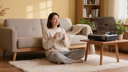 Obraz premium Young Woman Relaxing at Home Listening to Vinyl Records