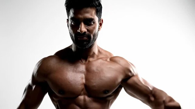 Muscular Man Flexing Biceps in Studio Lighting.