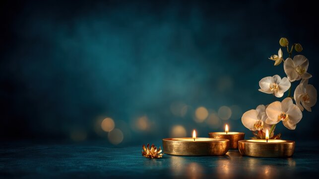 Luxury Spa Pedicure Setup With Golden Candles and an Orchid Flower on a Dark Teal Background Creating an Inviting Atmosphere for Relaxation
