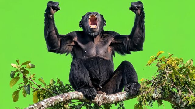 Chimpanzee sitting on a tree branch roaring with green screen background.