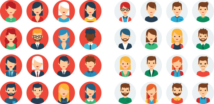 Colorful people avatar icons set with diverse male and female characters in circular frames flat vector illustration collection