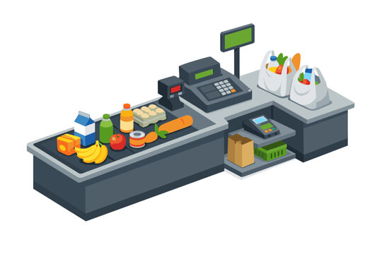 Isometric Supermarket Checkout Counter with Conveyor Belt and Groceries. Retail Store Cash Register with Food Products, Milk, Eggs, Fruit, Bread, Shopping Bags, and POS Terminal Vector Illustration.