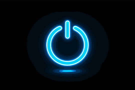 Neon Blue Power Button Icon Glowing on a Black Background, Futuristic Digital Energy Start Switch Symbol, Electric Technology Concept Vector Illustration for Web Design and User Interface.