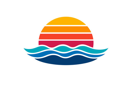 Retro Sunset and Ocean Waves Silhouette Vector Illustration, Bright Vintage 80s and 90s Style Summer Logo or Icon Isolated on White Background, Colorful Gradient Sun and Sea Design Element.