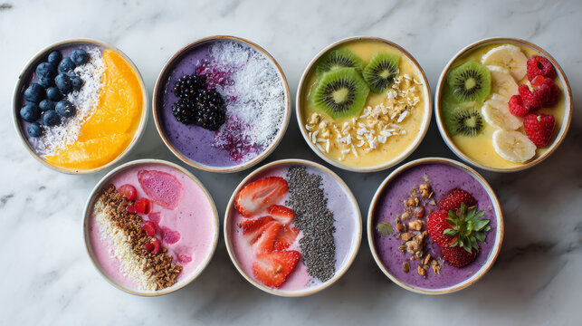 Overhead shot of colorful smoothie bowls arranged symmetrically on a white marble surface. 