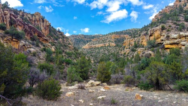 Rocky canyon gulch with steep walls and evergreen shrubs for landscape wallpaper nature poster and hiking design