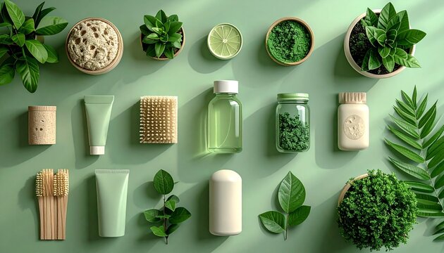 Eco Friendly Objects Flat Lay, Minimal Green Lifestyle Background