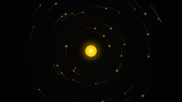 Abstract motion graphic of glowing particles orbiting a central yellow sphere