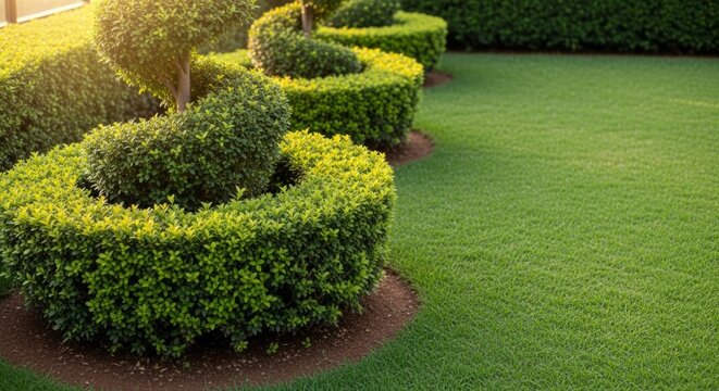 Manicured garden with neatly trimmed topiary spirals in sunlight