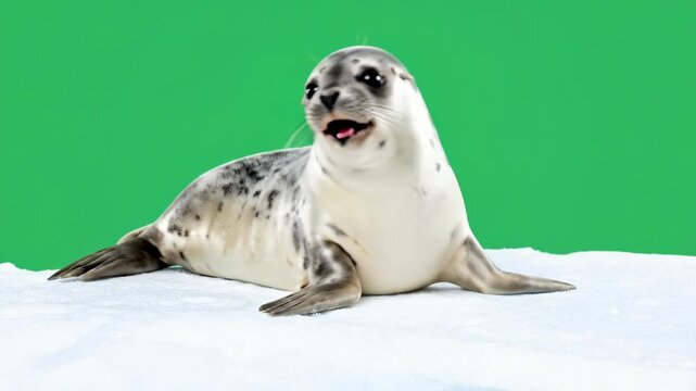 Adorable baby seal on ice with green screen background.