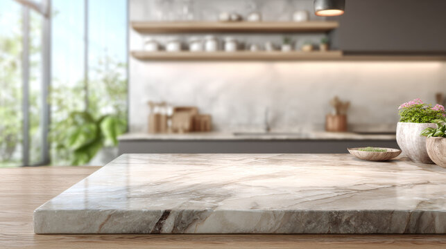 Polished marble kitchen surface offering ample copy space for product placement, with a softly blurred luxurious modern kitchen behind. 