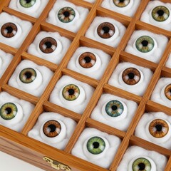 Fototapeta premium An angled perspective of a wooden collection box where each prosthetic eye is nestled in a soft, white cushioned compartment.