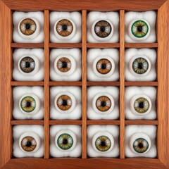 Fototapeta premium A square wooden box divided into sixteen sections, each containing a realistic artificial eye resting on white cotton padding.