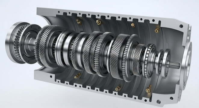 Detailed cutaway view of a precision engineered multi-stage gearbox assembly with gears, shafts, and bearings visible inside a metal housing.
