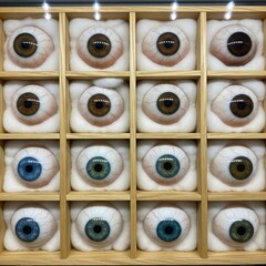 Fototapeta premium Detailed view of sixteen realistic glass eyes with white sclera and visible veins stored in a wooden box