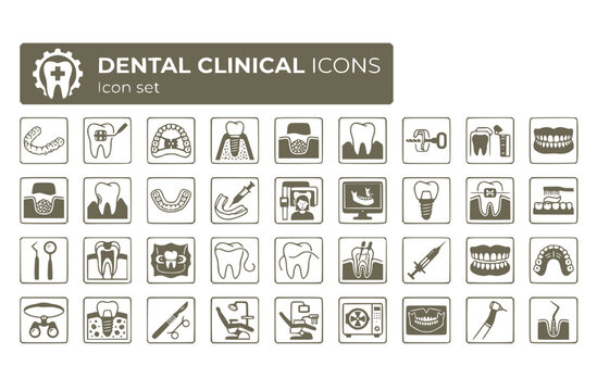 Dental Clinical Icon Set Aligner Tray Bracket Placement Palate Expander Implant Stages Bone Graft Gum Recession Night Guard Whitening Tray CBCT Scan