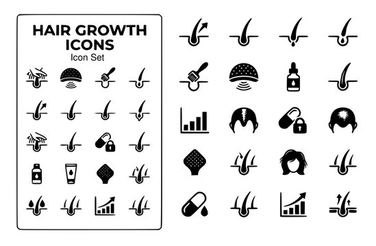 Hair Growth Icon Set Hair Follicle Growth Cycle Scalp Treatment Hair Strand Thinning Pattern DHT Blocker Derma Roller Hair Density Chart Vector Illustration
