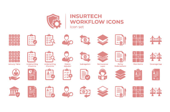 InsurTech Workflow Icon Set Actuary Table Underwriting Checklist Claims Adjuster Subrogation Reinsurance Layer Policy Endorsement Risk Matrix Coverage Gap