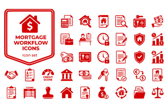 Mortgage Workflow Icon Set Loan Estimate Appraisal Report Title Search Escrow Account Underwriting Rate Lock Closing Disclosure Title Insurance DTI Ratio