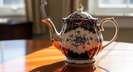 Elegant porcelain teapot steaming on a wooden table