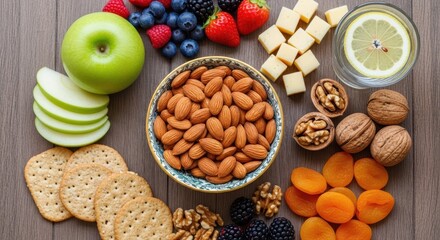 Healthy snack assortment with fruits and nuts on wooden background