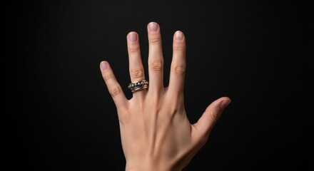 Elegant hand showcasing stylish rings against a black background