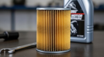 Automotive oil filter and wrench on workbench in garage