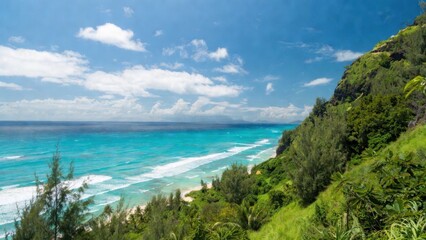 Fototapeta premium Aerial coastal view of turquoise sea and green cliffs for beach wallpaper and travel banner background