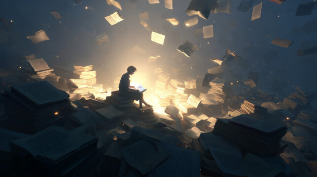 Reader surrounded by floating books glowing with soft light imagination visualized. 