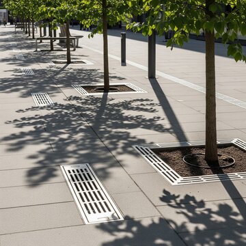 Modern sidewalk with green trees and square metal drainage grates