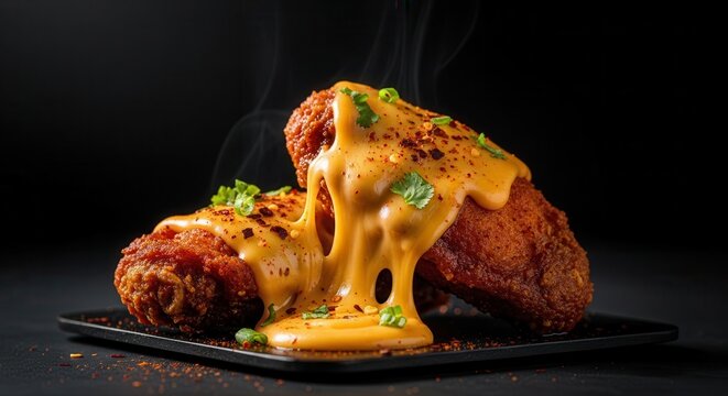 Cinematic food photography showing spicy fried chicken wings dripping with melted yellow cheese placed against an absolute dark backdrop depicting modern street food culture.