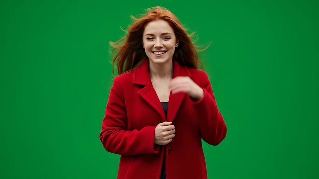 Happy woman in red coat smiles against a green background.