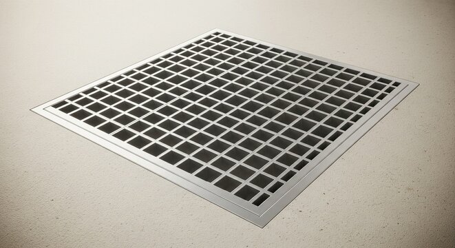 High-angle view of a rectangular ventilation or drainage grate with a dense grid pattern. The metal has a brushed finish and is set into a light-colored floor