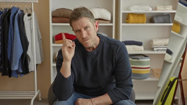 Man pointing index finger to temple while seated in a closet by a clothing rack and mirror wearing sweater and jeans; thoughtful reflection.