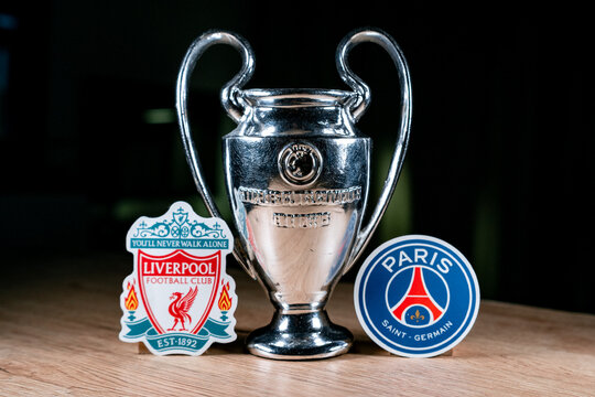 March 19, 2026, Budapest, Hungary. The emblems of the football clubs participating in the quarter-finals of the UEFA Champions League are Liverpool and Paris Saint-Germain.