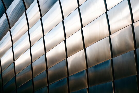 Natural silver stainless steel texture seamless background with curved diagonal panels and glossy reflections