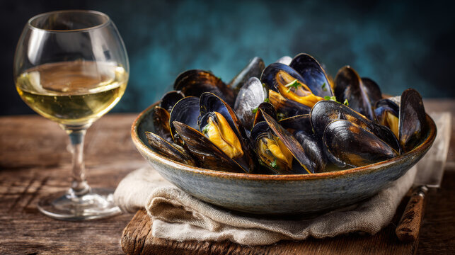 Steamed mussels in white wine sauce served in a rustic bowl with a glass of Pinot Grigio. 