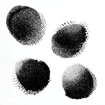 Abstract quartet of halftone ink splashes in a high-contrast black-and-white layout