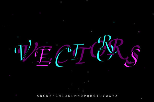 Futuristic neon alphabet vector set, glowing cyan and purple serif typography, modern digital font for gaming and tech branding, decorative lettering