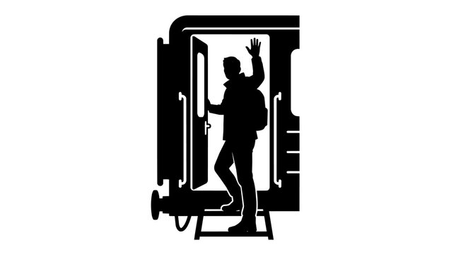 Man with backpack waving goodbye while boarding train, isolated on transparent background