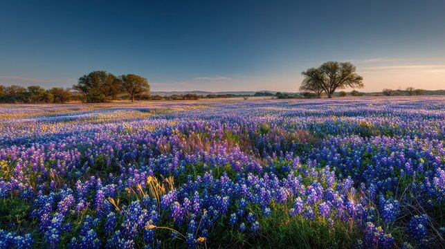 Wide-Angle Landscape of Bluebonnets Across Texan Grasslands at Dawn
