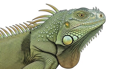 Fototapeta premium Green iguana portrait against white background illustrative close up