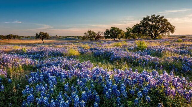 Expansive Texas Bluebonnets Panorama Across a Quiet Prairie