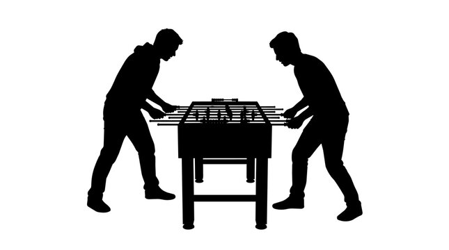 Two male silhouettes playing foosball table game, isolated on transparent background