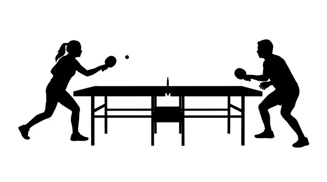 Silhouettes of a woman and man playing table tennis, isolated on transparent background