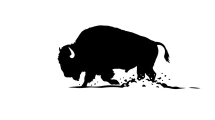 Black bison silhouette charging through dirt, isolated on transparent background © Hughes