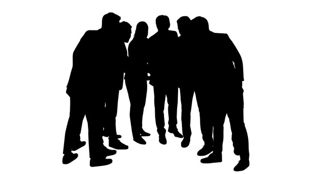 Group of business people in silhouette huddled together, isolated on transparent background