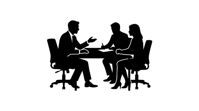 Business meeting with three people in silhouette, isolated on transparent background